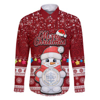 Personalised Palau Christmas Family Matching Off Shoulder Maxi Dress and Hawaiian Shirt Snowman and Palau Coat of Arms Maori Tribal Xmas Style LT03 Dad's Shirt - Long Sleeve Red - Polynesian Pride