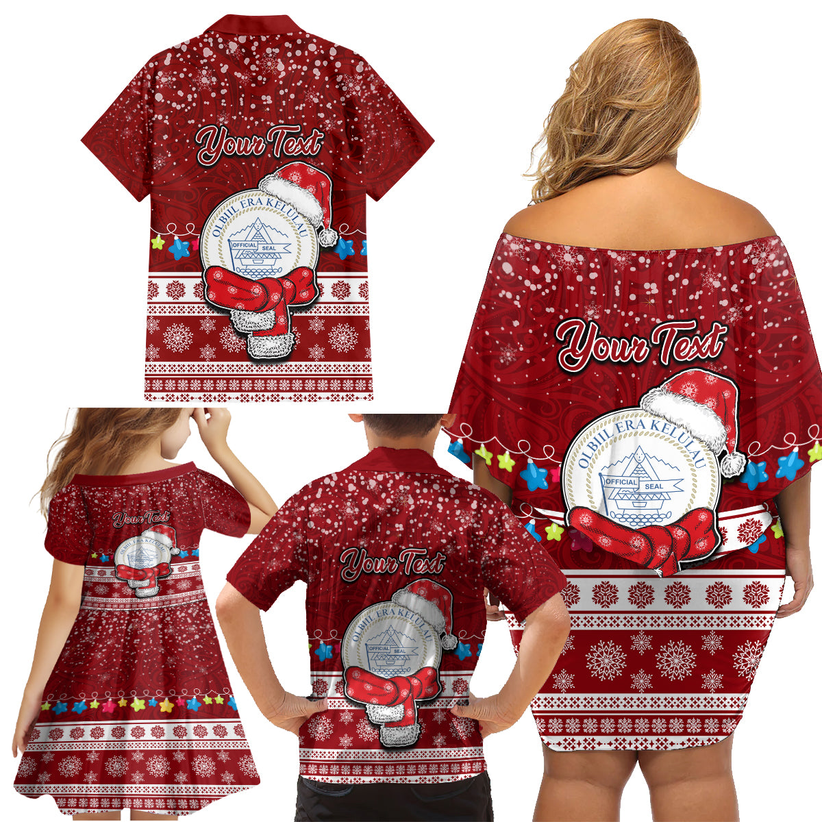 Personalised Palau Christmas Family Matching Off Shoulder Short Dress and Hawaiian Shirt Snowman and Palau Coat of Arms Maori Tribal Xmas Style LT03 - Polynesian Pride