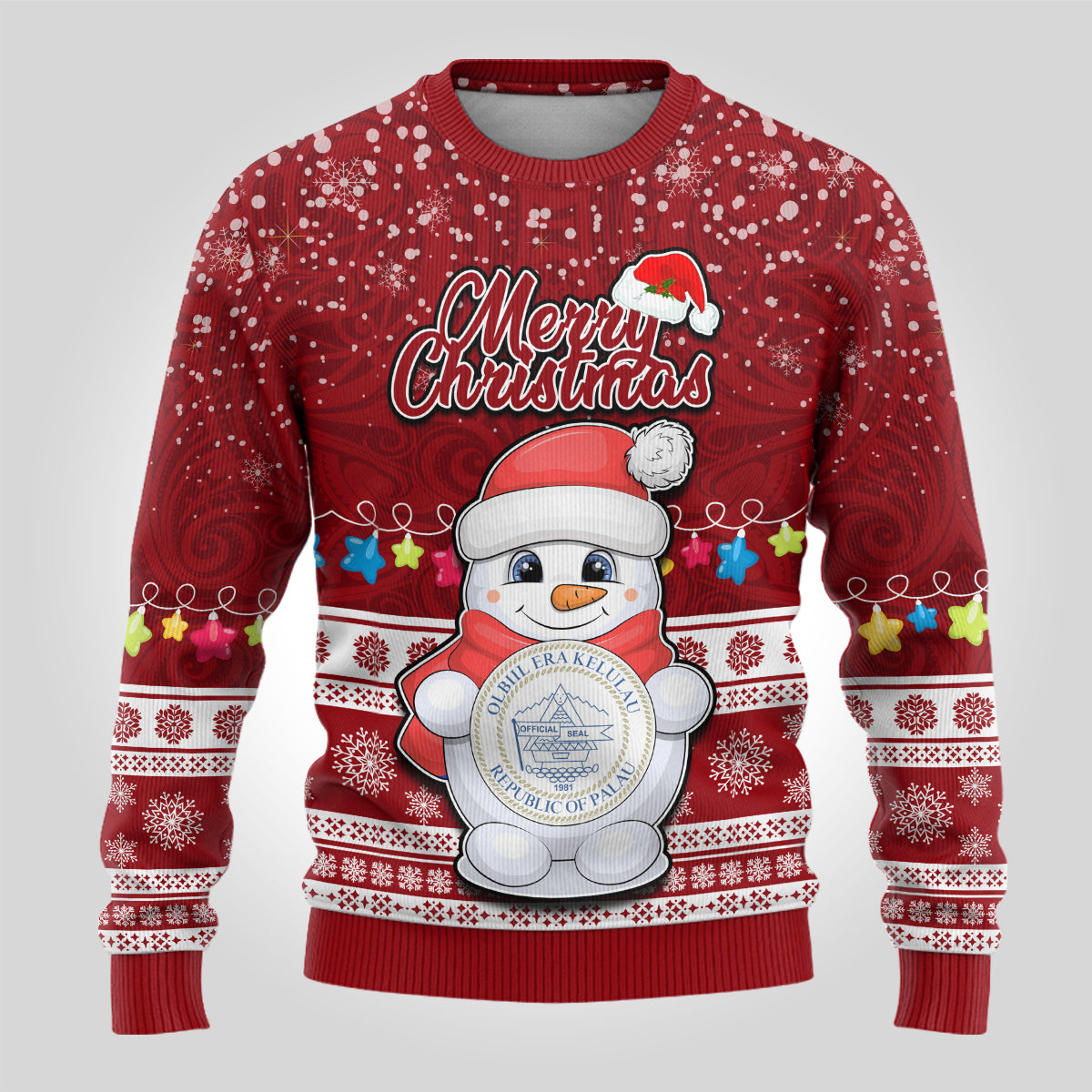 Personalised Palau Christmas Ugly Christmas Sweater Snowman and Palau Coat of Arms Maori Tribal Xmas Style LT03 - Polynesian Pride