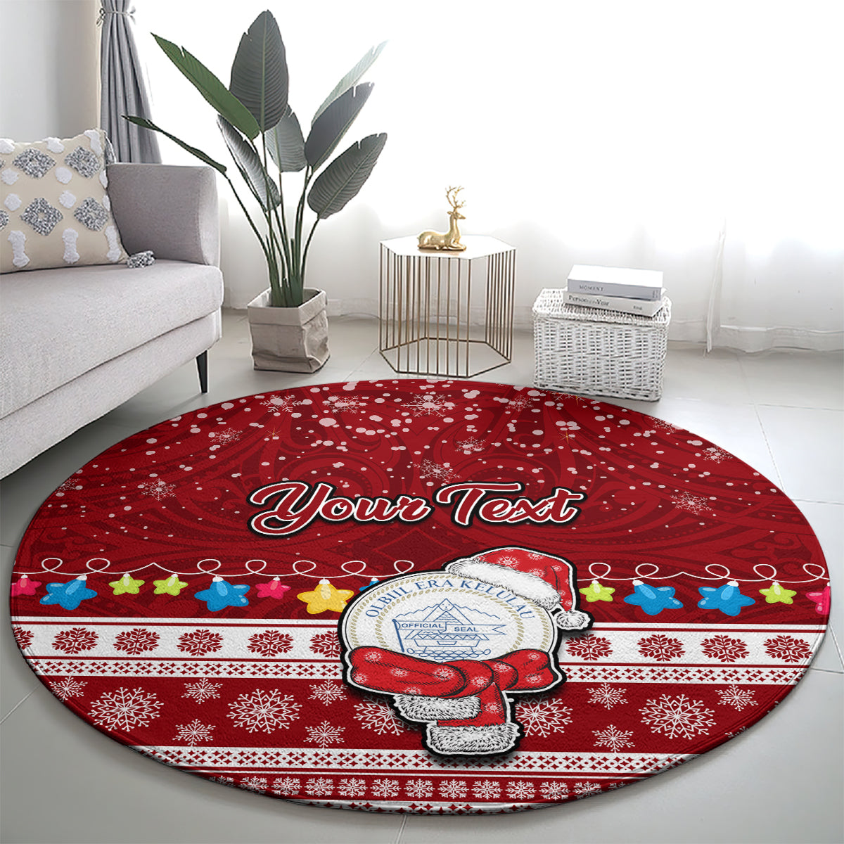 Personalised Palau Christmas Round Carpet Snowman and Palau Coat of Arms Maori Tribal Xmas Style LT03 - Polynesian Pride