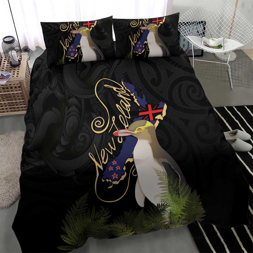 New Zealand Hoiho Bedding Set Maori Art Tattoo and Silver Fern