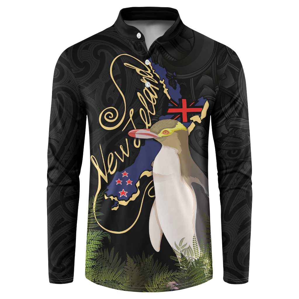 New Zealand Hoiho Button Sweatshirt Maori Art Tattoo and Silver Fern
