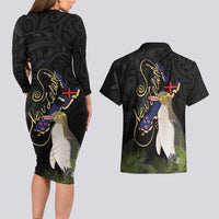 New Zealand Hoiho Couples Matching Long Sleeve Bodycon Dress and Hawaiian Shirt Maori Art Tattoo and Silver Fern