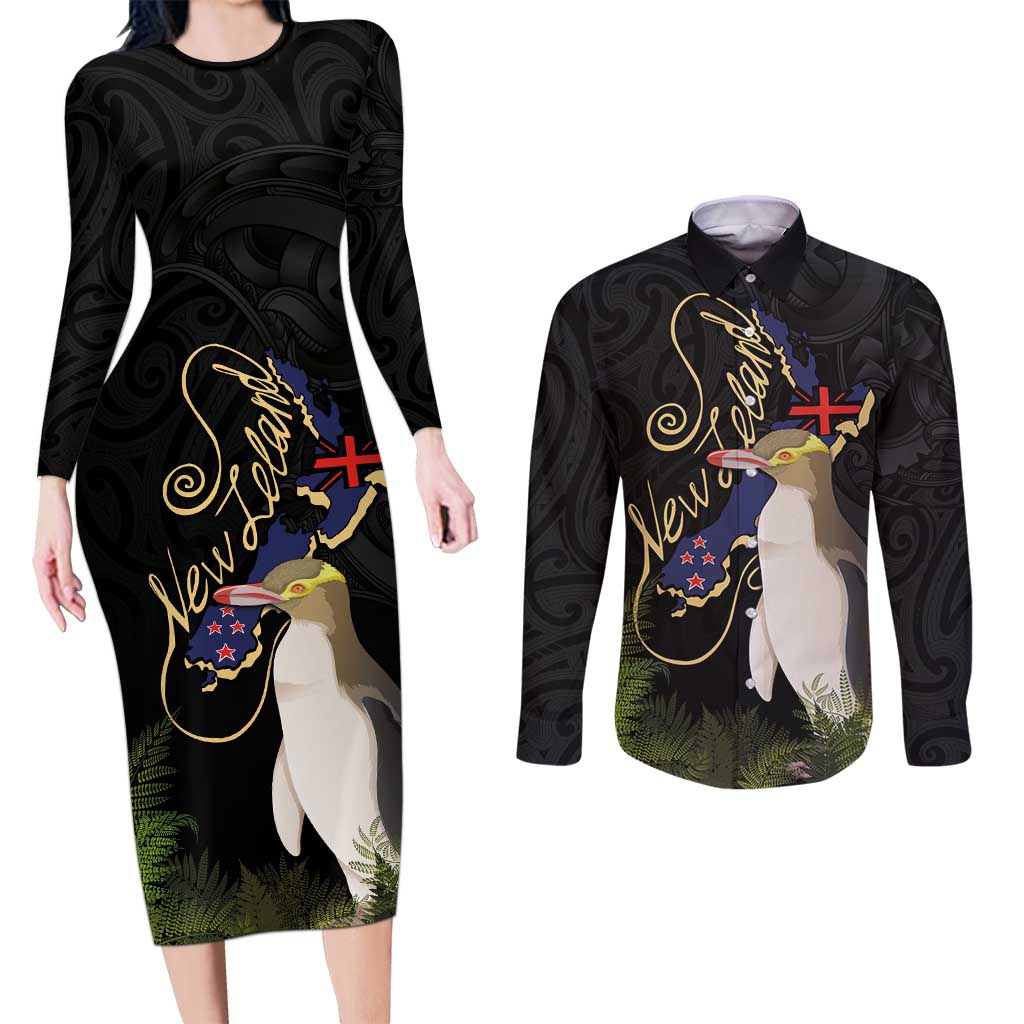 New Zealand Hoiho Couples Matching Long Sleeve Bodycon Dress and Long Sleeve Button Shirt Maori Art Tattoo and Silver Fern