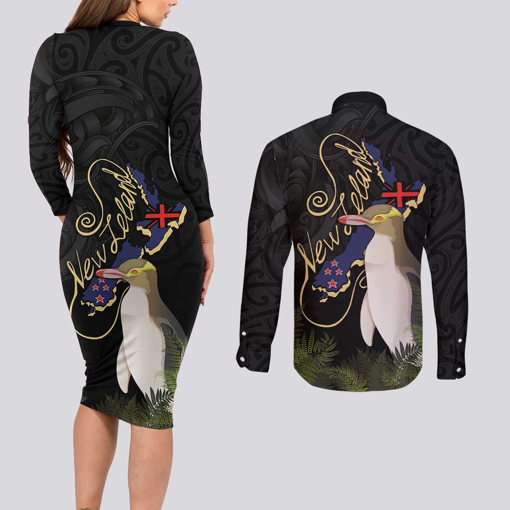 New Zealand Hoiho Couples Matching Long Sleeve Bodycon Dress and Long Sleeve Button Shirt Maori Art Tattoo and Silver Fern