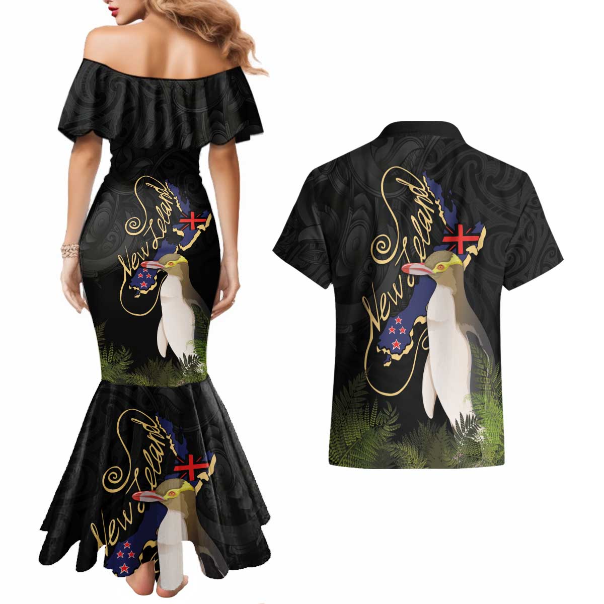 New Zealand Hoiho Couples Matching Mermaid Dress and Hawaiian Shirt Maori Art Tattoo and Silver Fern