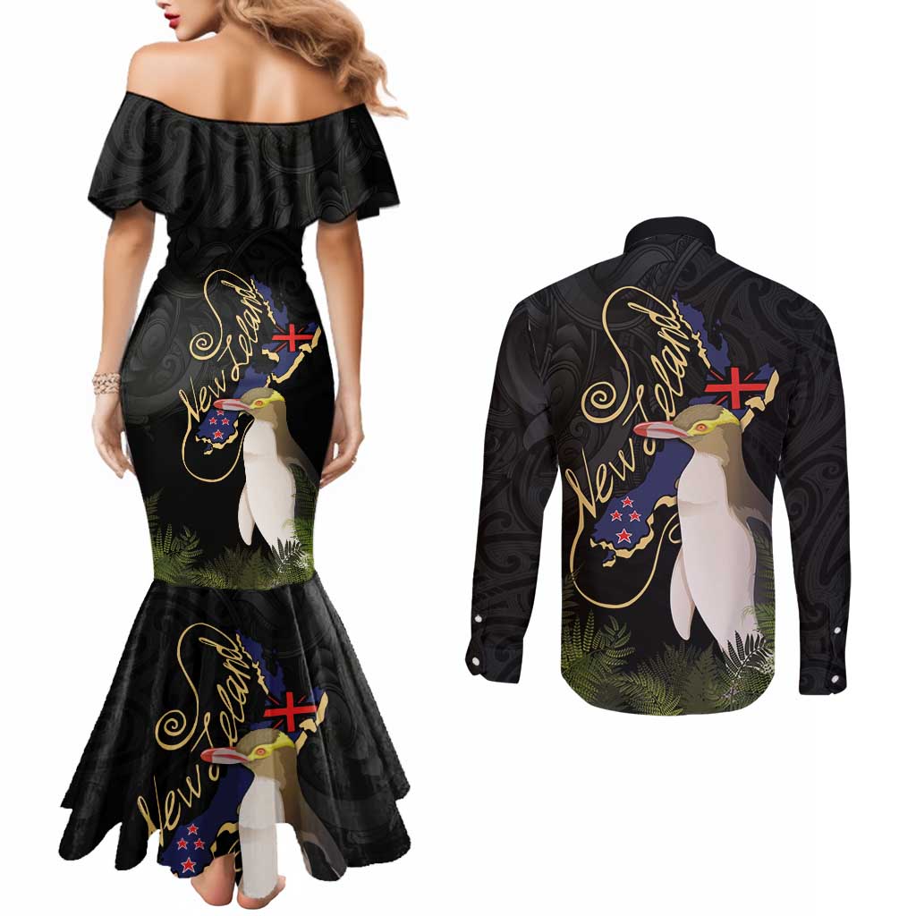 New Zealand Hoiho Couples Matching Mermaid Dress and Long Sleeve Button Shirt Maori Art Tattoo and Silver Fern