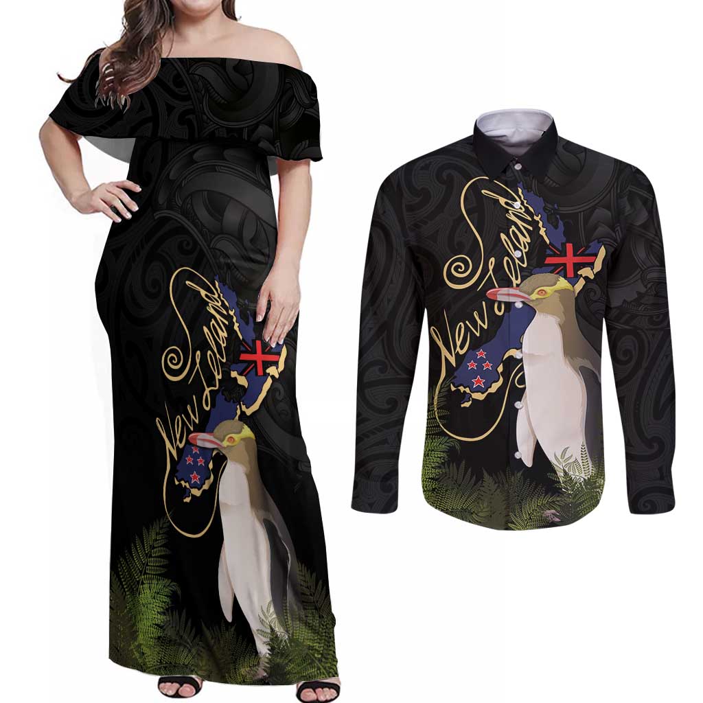 New Zealand Hoiho Couples Matching Off Shoulder Maxi Dress and Long Sleeve Button Shirt Maori Art Tattoo and Silver Fern