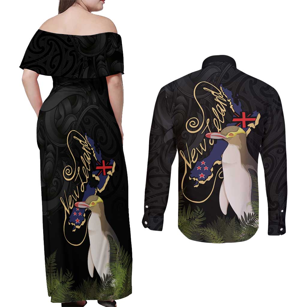 New Zealand Hoiho Couples Matching Off Shoulder Maxi Dress and Long Sleeve Button Shirt Maori Art Tattoo and Silver Fern
