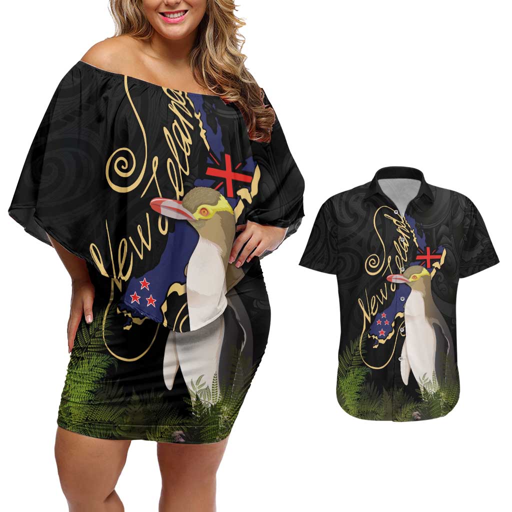 New Zealand Hoiho Couples Matching Off Shoulder Short Dress and Hawaiian Shirt Maori Art Tattoo and Silver Fern