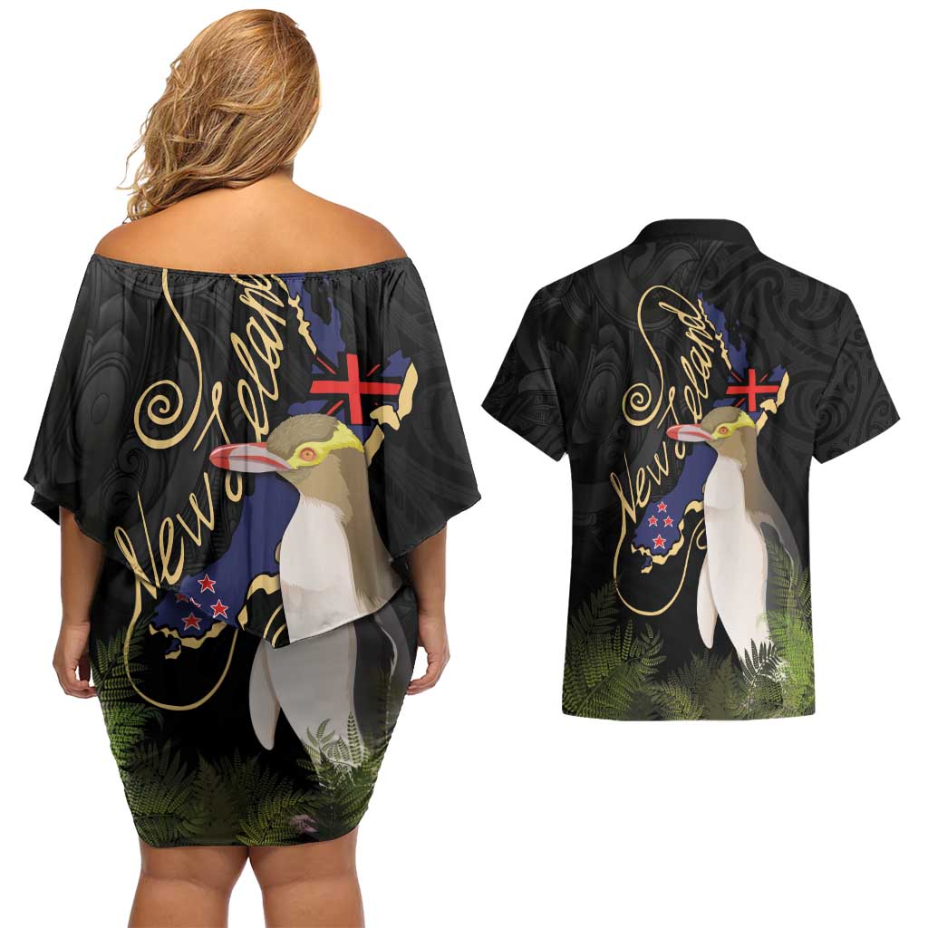 New Zealand Hoiho Couples Matching Off Shoulder Short Dress and Hawaiian Shirt Maori Art Tattoo and Silver Fern