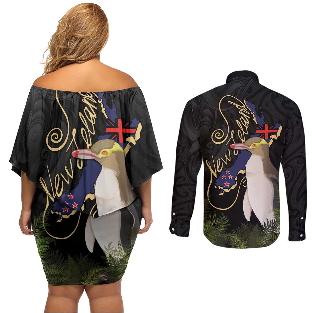 New Zealand Hoiho Couples Matching Off Shoulder Short Dress and Long Sleeve Button Shirt Maori Art Tattoo and Silver Fern