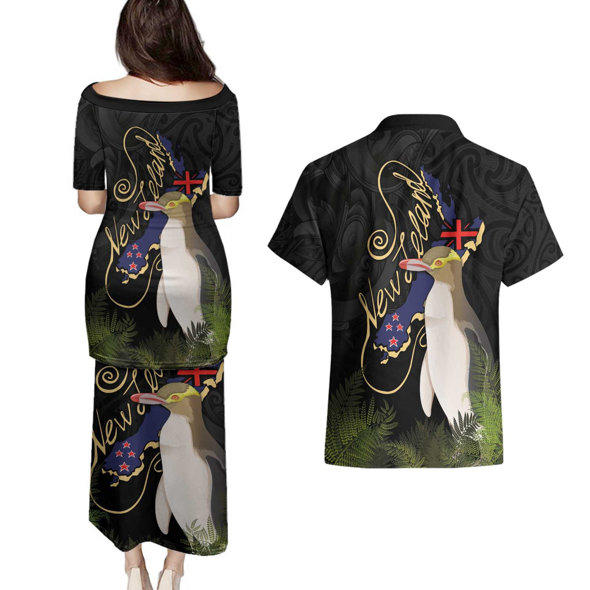 New Zealand Hoiho Couples Matching Puletasi and Hawaiian Shirt Maori Art Tattoo and Silver Fern