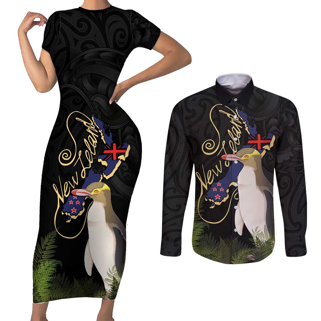 New Zealand Hoiho Couples Matching Short Sleeve Bodycon Dress and Long Sleeve Button Shirt Maori Art Tattoo and Silver Fern