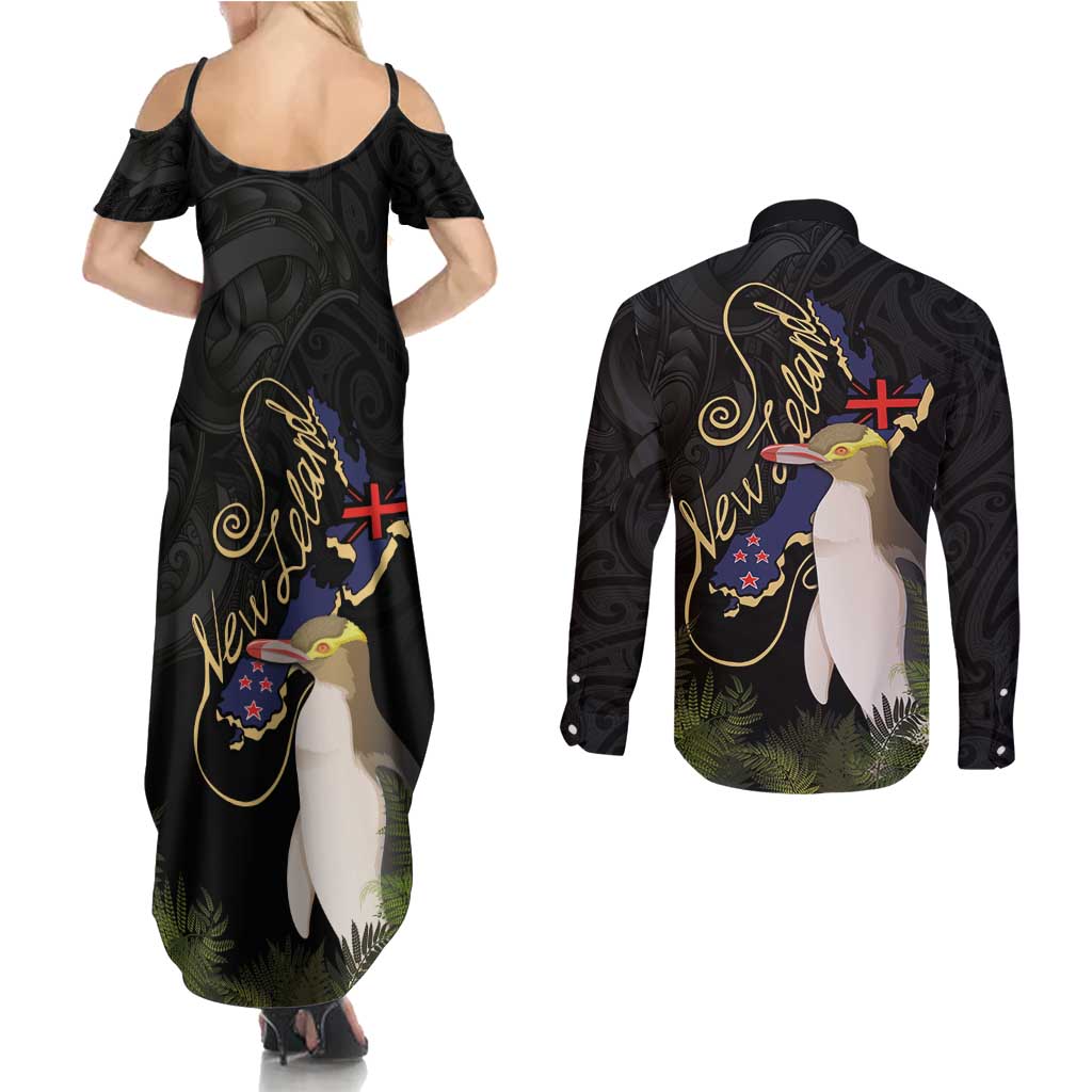 New Zealand Hoiho Couples Matching Summer Maxi Dress and Long Sleeve Button Shirt Maori Art Tattoo and Silver Fern
