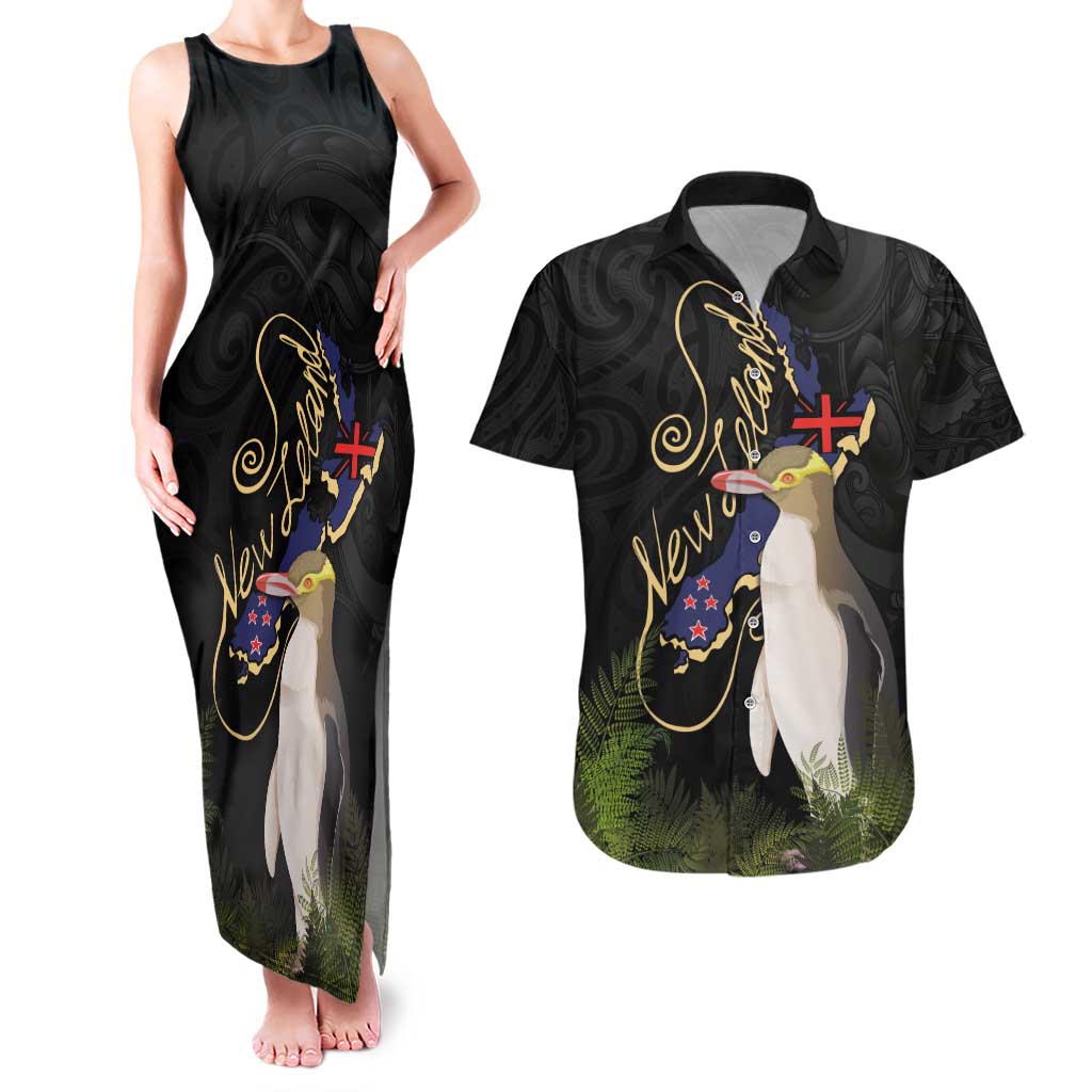 New Zealand Hoiho Couples Matching Tank Maxi Dress and Hawaiian Shirt Maori Art Tattoo and Silver Fern