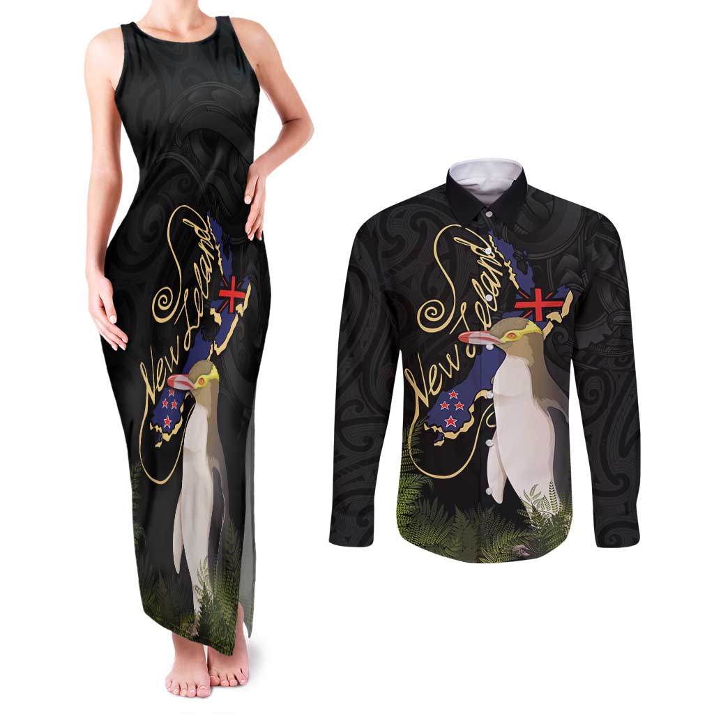 New Zealand Hoiho Couples Matching Tank Maxi Dress and Long Sleeve Button Shirt Maori Art Tattoo and Silver Fern