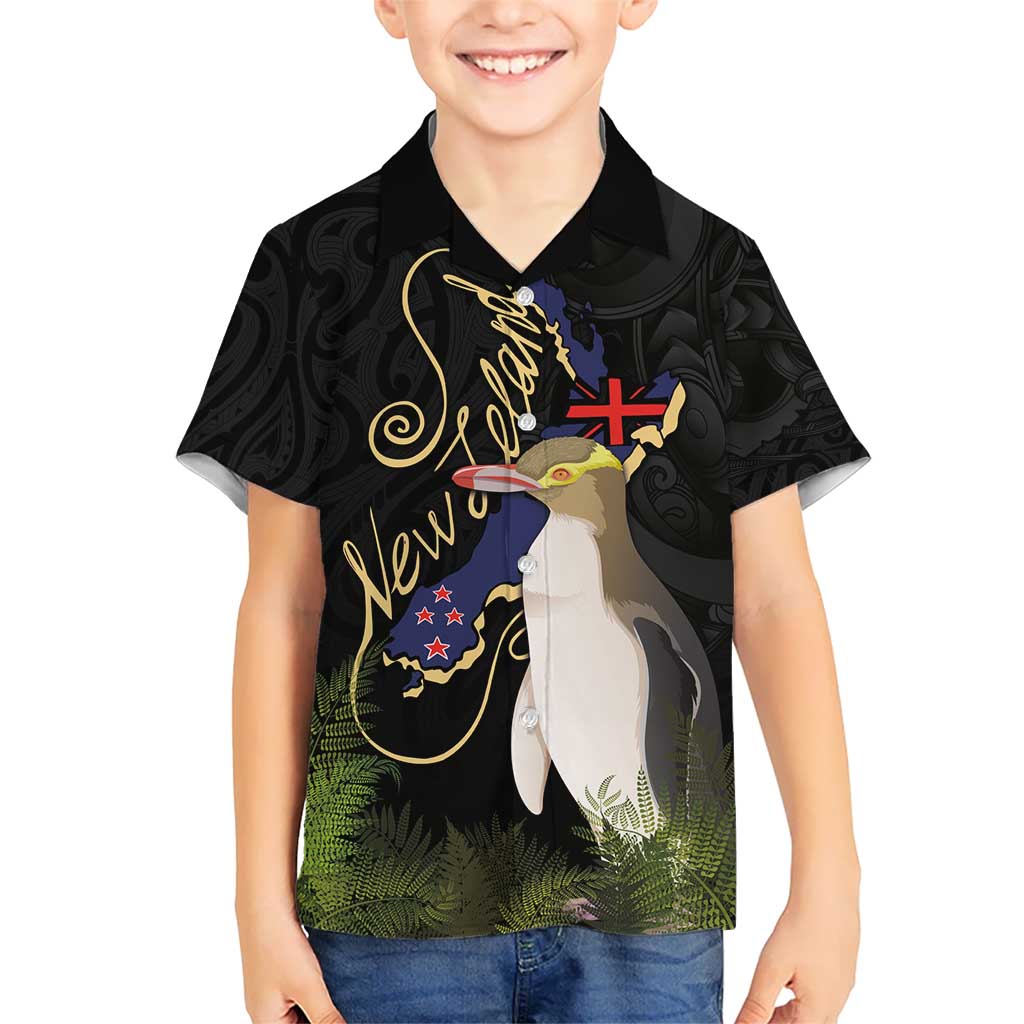 New Zealand Hoiho Kid Hawaiian Shirt Maori Art Tattoo and Silver Fern LT03 Kid Black - Polynesian Pride