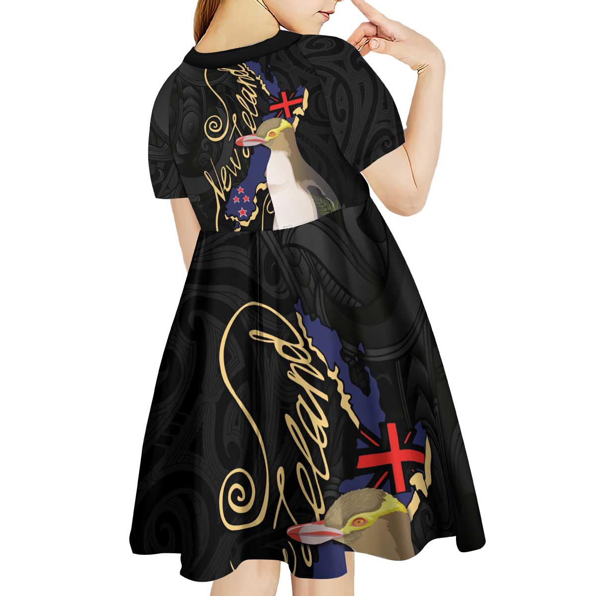 New Zealand Hoiho Kid Short Sleeve Dress Maori Art Tattoo and Silver Fern