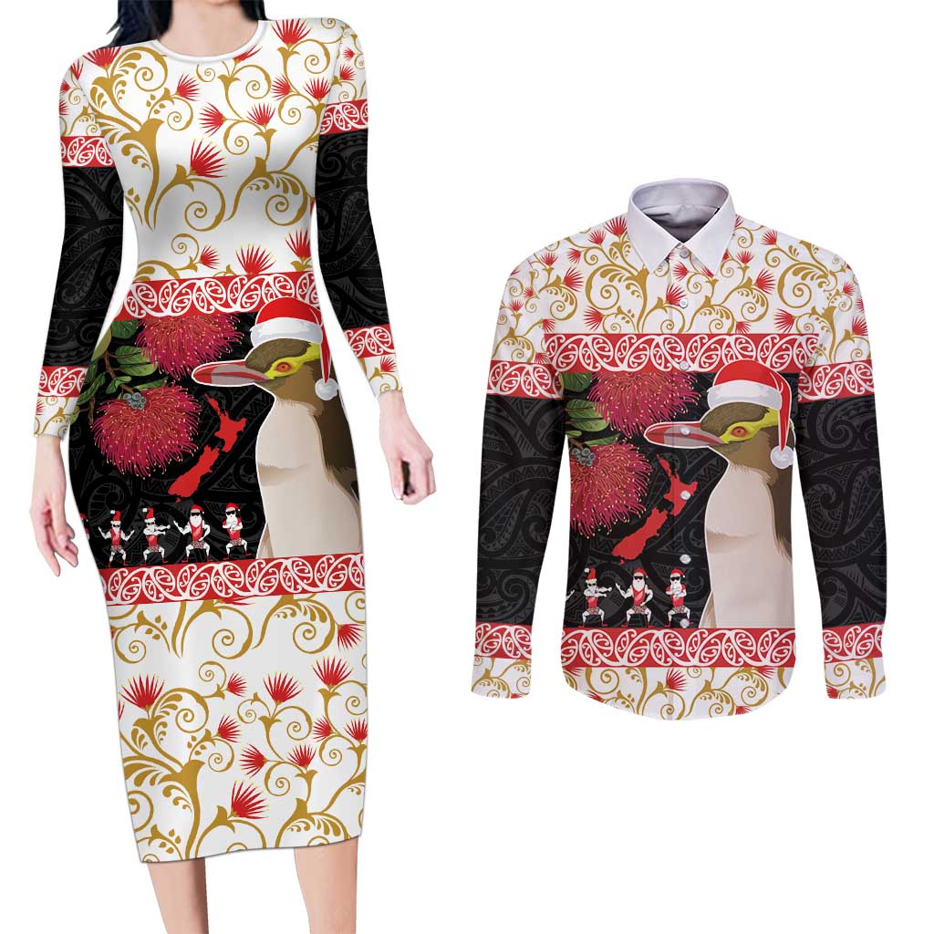 New Zealand Merry Christmas Couples Matching Long Sleeve Bodycon Dress and Long Sleeve Button Shirt Hoiho Xmas - Haka Dance and Pohutukawa