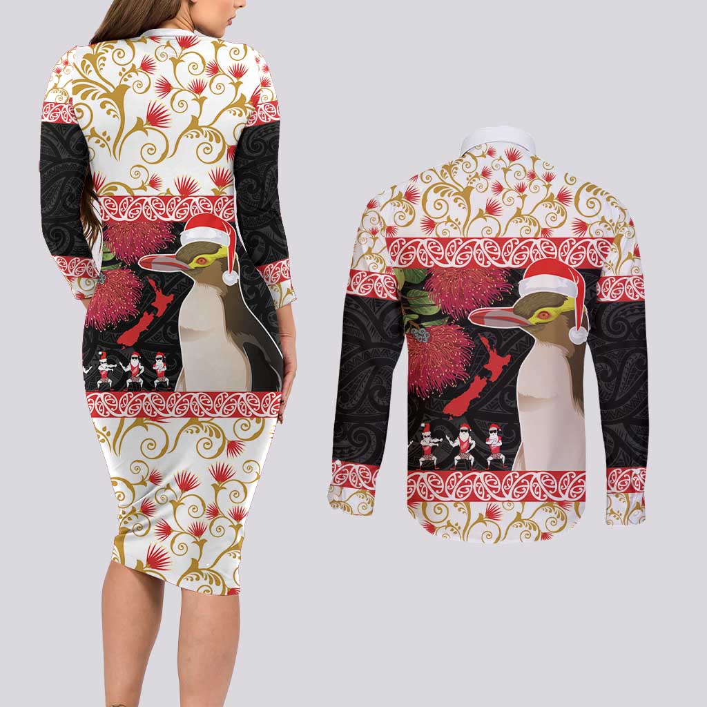 New Zealand Merry Christmas Couples Matching Long Sleeve Bodycon Dress and Long Sleeve Button Shirt Hoiho Xmas - Haka Dance and Pohutukawa