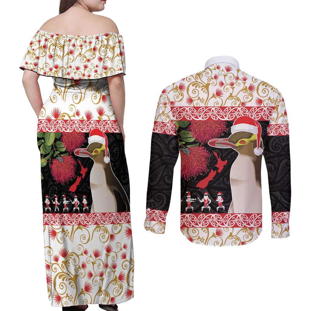 New Zealand Merry Christmas Couples Matching Off Shoulder Maxi Dress and Long Sleeve Button Shirt Hoiho Xmas - Haka Dance and Pohutukawa