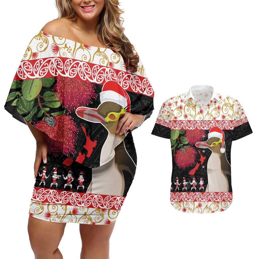 New Zealand Merry Christmas Couples Matching Off Shoulder Short Dress and Hawaiian Shirt Hoiho Xmas - Haka Dance and Pohutukawa