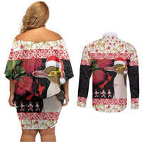 New Zealand Merry Christmas Couples Matching Off Shoulder Short Dress and Long Sleeve Button Shirt Hoiho Xmas - Haka Dance and Pohutukawa