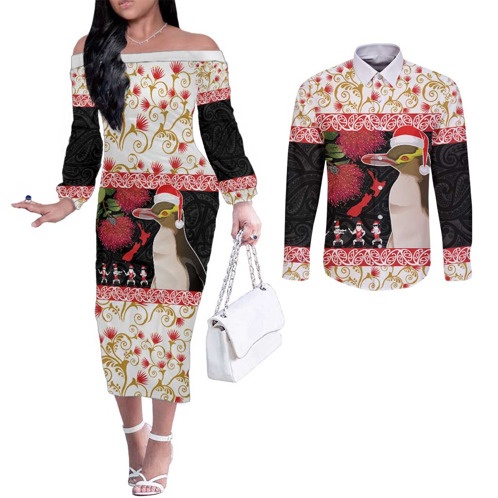 New Zealand Merry Christmas Couples Matching Off The Shoulder Long Sleeve Dress and Long Sleeve Button Shirt Hoiho Xmas - Haka Dance and Pohutukawa