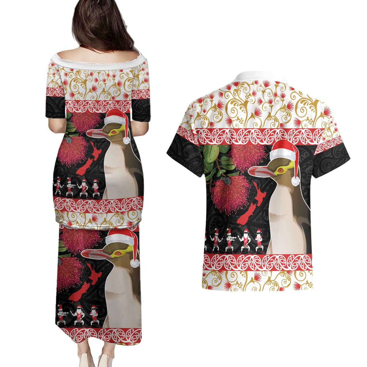 New Zealand Merry Christmas Couples Matching Puletasi and Hawaiian Shirt Hoiho Xmas - Haka Dance and Pohutukawa