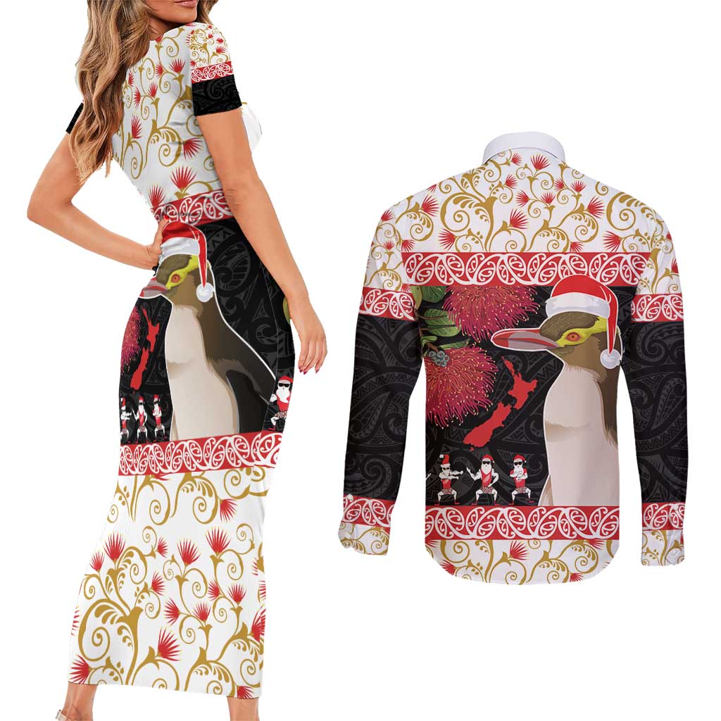New Zealand Merry Christmas Couples Matching Short Sleeve Bodycon Dress and Long Sleeve Button Shirt Hoiho Xmas - Haka Dance and Pohutukawa