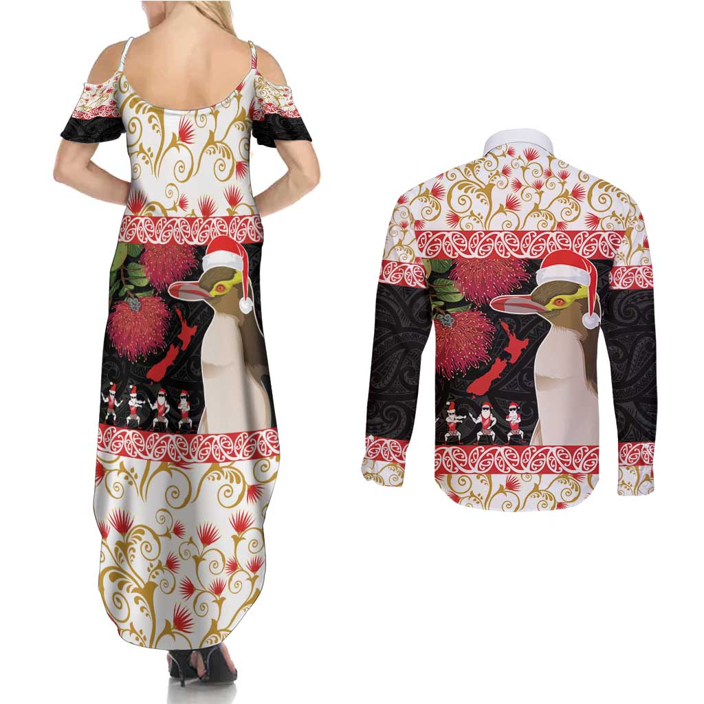 New Zealand Merry Christmas Couples Matching Summer Maxi Dress and Long Sleeve Button Shirt Hoiho Xmas - Haka Dance and Pohutukawa