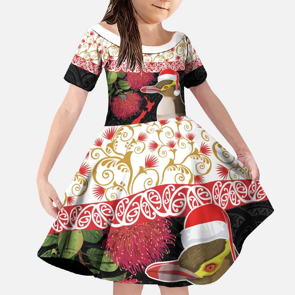 New Zealand Merry Christmas Family Matching Off Shoulder Maxi Dress and Hawaiian Shirt Hoiho Xmas - Haka Dance and Pohutukawa LT03 Daughter's Dress White - Polynesian Pride