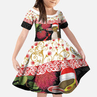 New Zealand Merry Christmas Family Matching Off Shoulder Maxi Dress and Hawaiian Shirt Hoiho Xmas - Haka Dance and Pohutukawa LT03 Daughter's Dress White - Polynesian Pride