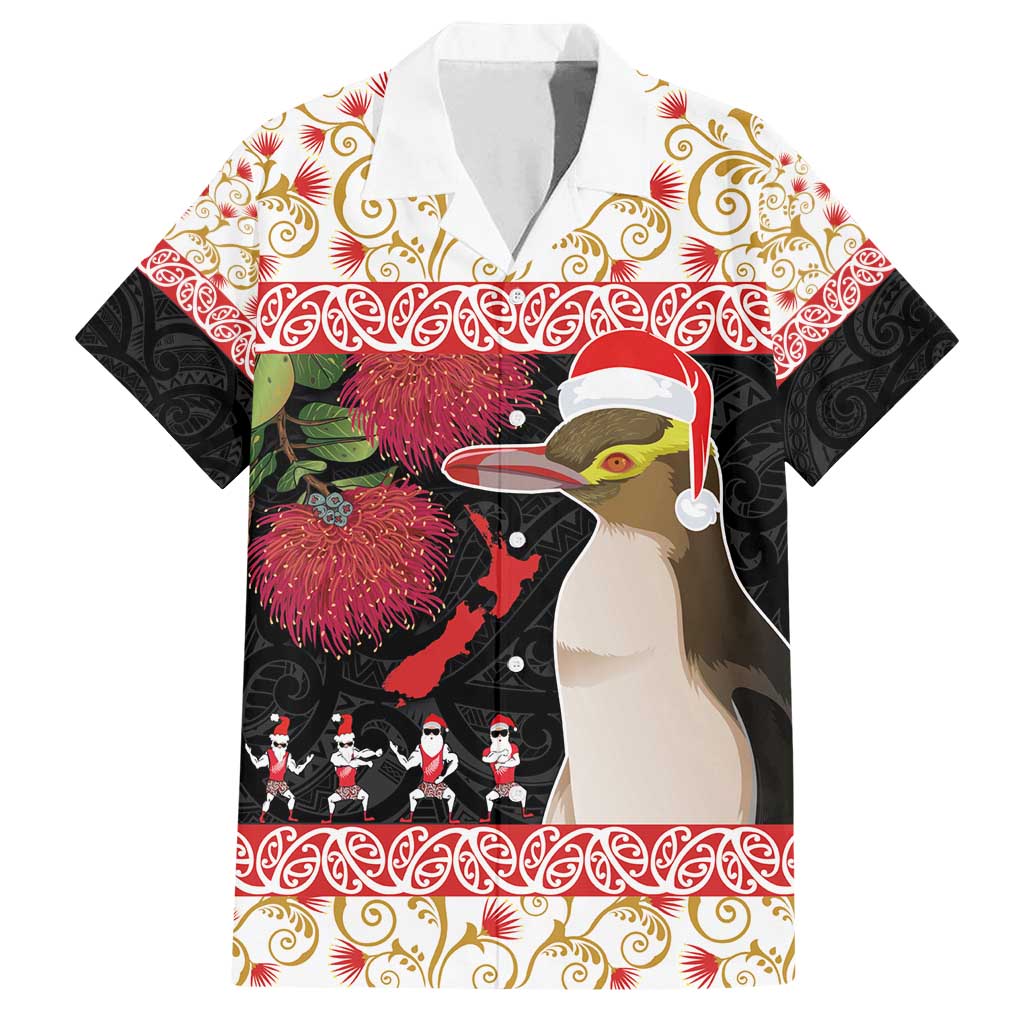 New Zealand Merry Christmas Family Matching Off Shoulder Short Dress and Hawaiian Shirt Hoiho Xmas - Haka Dance and Pohutukawa LT03 Dad's Shirt - Short Sleeve White - Polynesian Pride