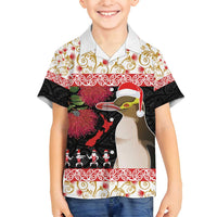 New Zealand Merry Christmas Family Matching Off Shoulder Short Dress and Hawaiian Shirt Hoiho Xmas - Haka Dance and Pohutukawa LT03 Son's Shirt White - Polynesian Pride