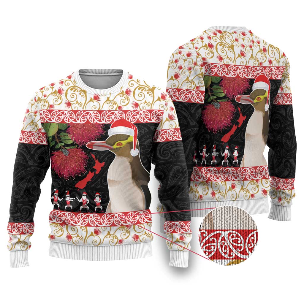 New Zealand Merry Christmas Ugly Christmas Sweater Hoiho Xmas - Haka Dance and Pohutukawa