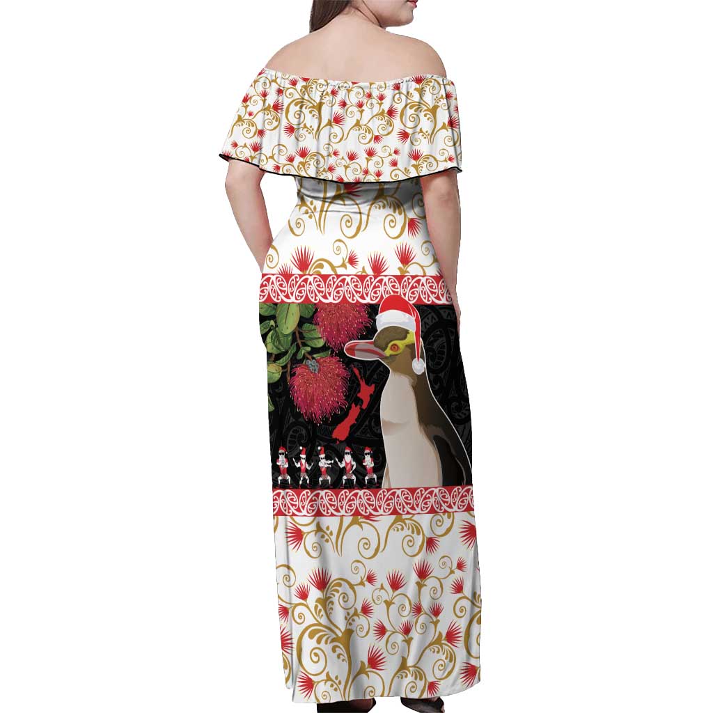 New Zealand Merry Christmas Off Shoulder Maxi Dress Hoiho Xmas - Haka Dance and Pohutukawa