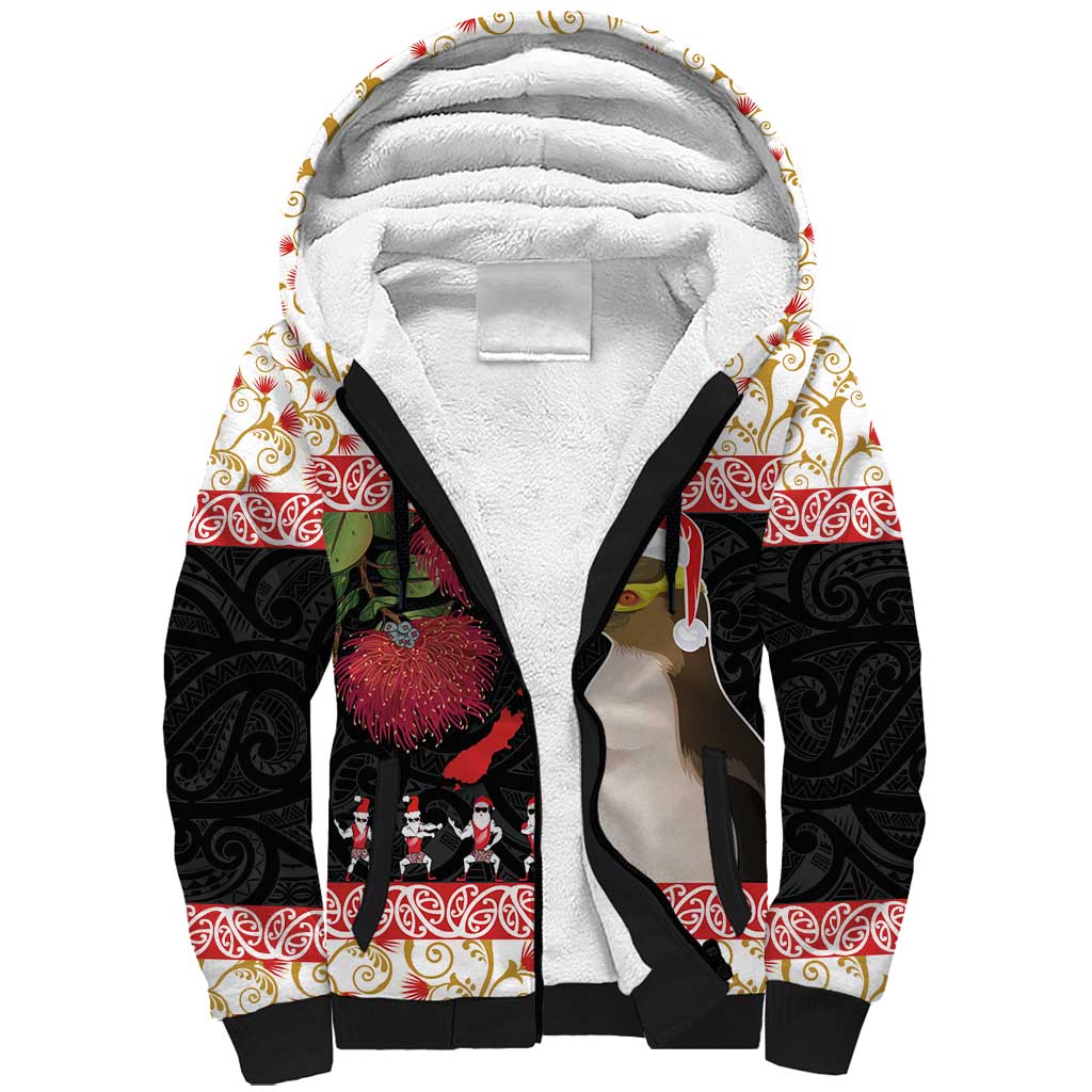 New Zealand Merry Christmas Sherpa Hoodie Hoiho Xmas - Haka Dance and Pohutukawa