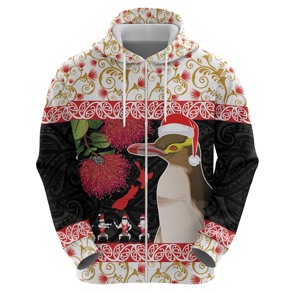 New Zealand Merry Christmas Zip Hoodie Hoiho Xmas - Haka Dance and Pohutukawa