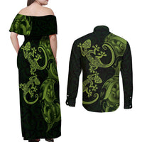 New Zealand Gecko Maori Art Tattoo Couples Matching Off Shoulder Maxi Dress and Long Sleeve Button Shirt