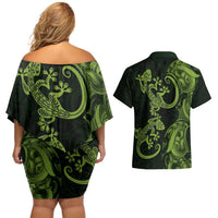 New Zealand Gecko Maori Art Tattoo Couples Matching Off Shoulder Short Dress and Hawaiian Shirt