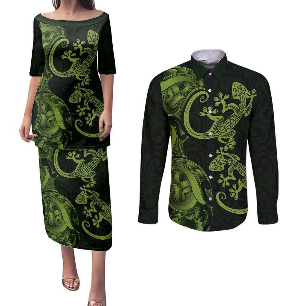 New Zealand Gecko Maori Art Tattoo Couples Matching Puletasi and Long Sleeve Button Shirt