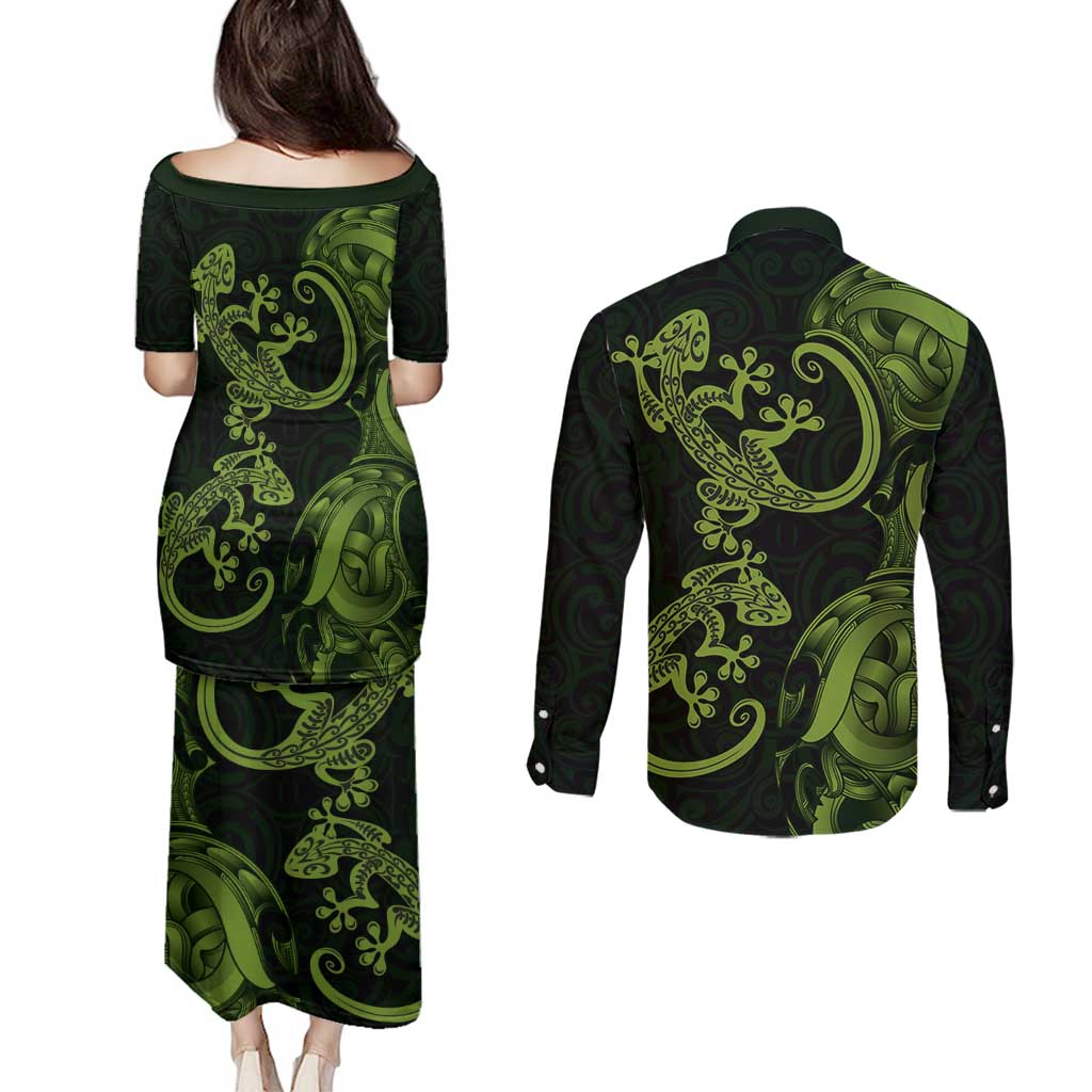 New Zealand Gecko Maori Art Tattoo Couples Matching Puletasi and Long Sleeve Button Shirt