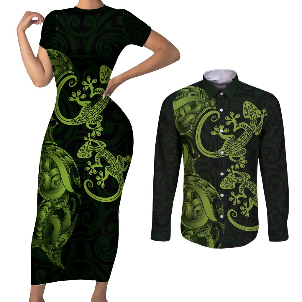 New Zealand Gecko Maori Art Tattoo Couples Matching Short Sleeve Bodycon Dress and Long Sleeve Button Shirt