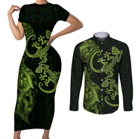 New Zealand Gecko Maori Art Tattoo Couples Matching Short Sleeve Bodycon Dress and Long Sleeve Button Shirt
