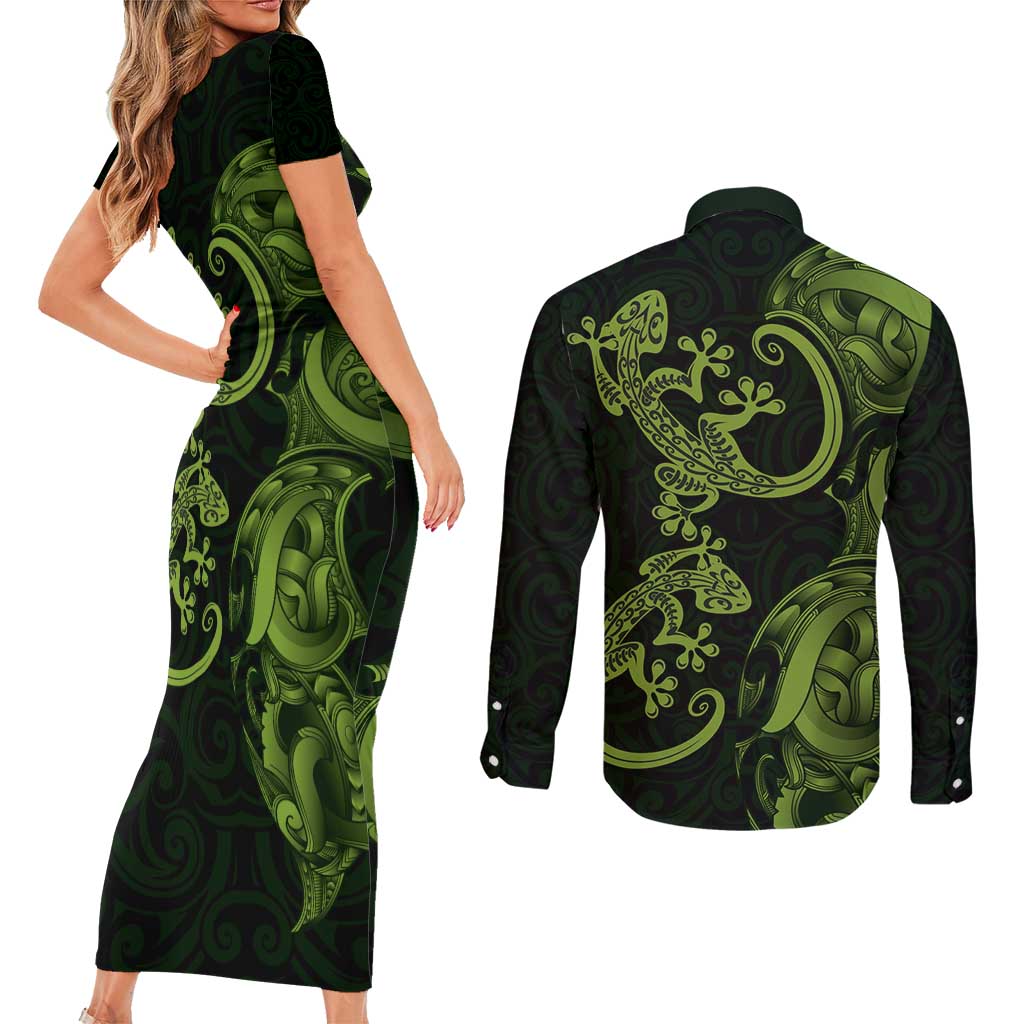 New Zealand Gecko Maori Art Tattoo Couples Matching Short Sleeve Bodycon Dress and Long Sleeve Button Shirt