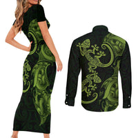 New Zealand Gecko Maori Art Tattoo Couples Matching Short Sleeve Bodycon Dress and Long Sleeve Button Shirt