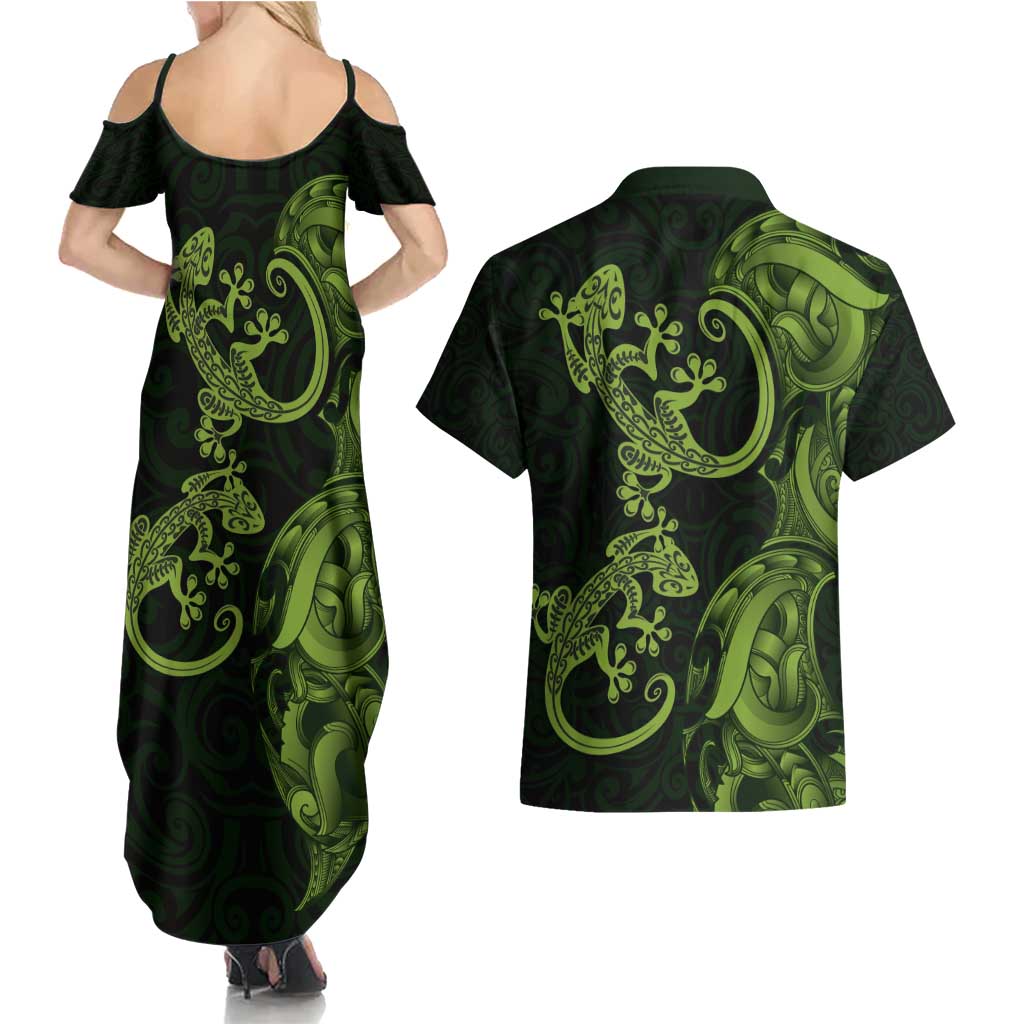 New Zealand Gecko Maori Art Tattoo Couples Matching Summer Maxi Dress and Hawaiian Shirt