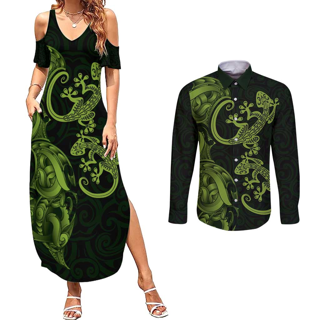 New Zealand Gecko Maori Art Tattoo Couples Matching Summer Maxi Dress and Long Sleeve Button Shirt
